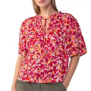 NWT Sanctuary Women’s Floral Cotton Flutter Short Sleeve Top, Red Floral X-Small